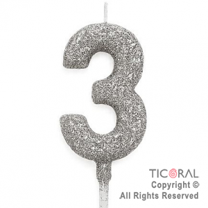 VELA NUMERAL CHICO 5.5 CM CON GIBRE PLATA NUMERO 3 x 1